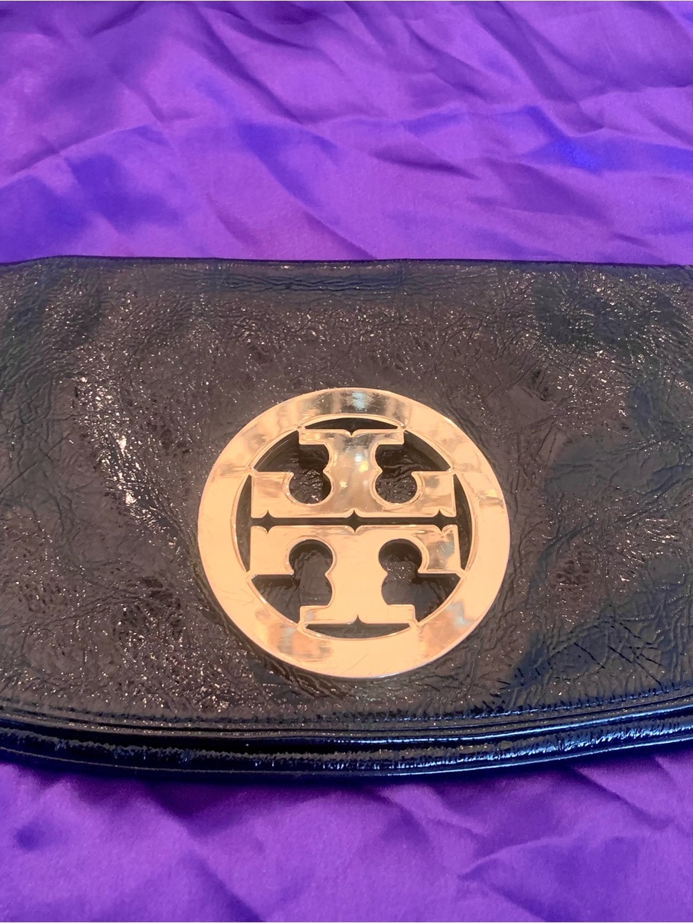 Tory Burch Black Patent Leather Clutch with Gold Logo Accent